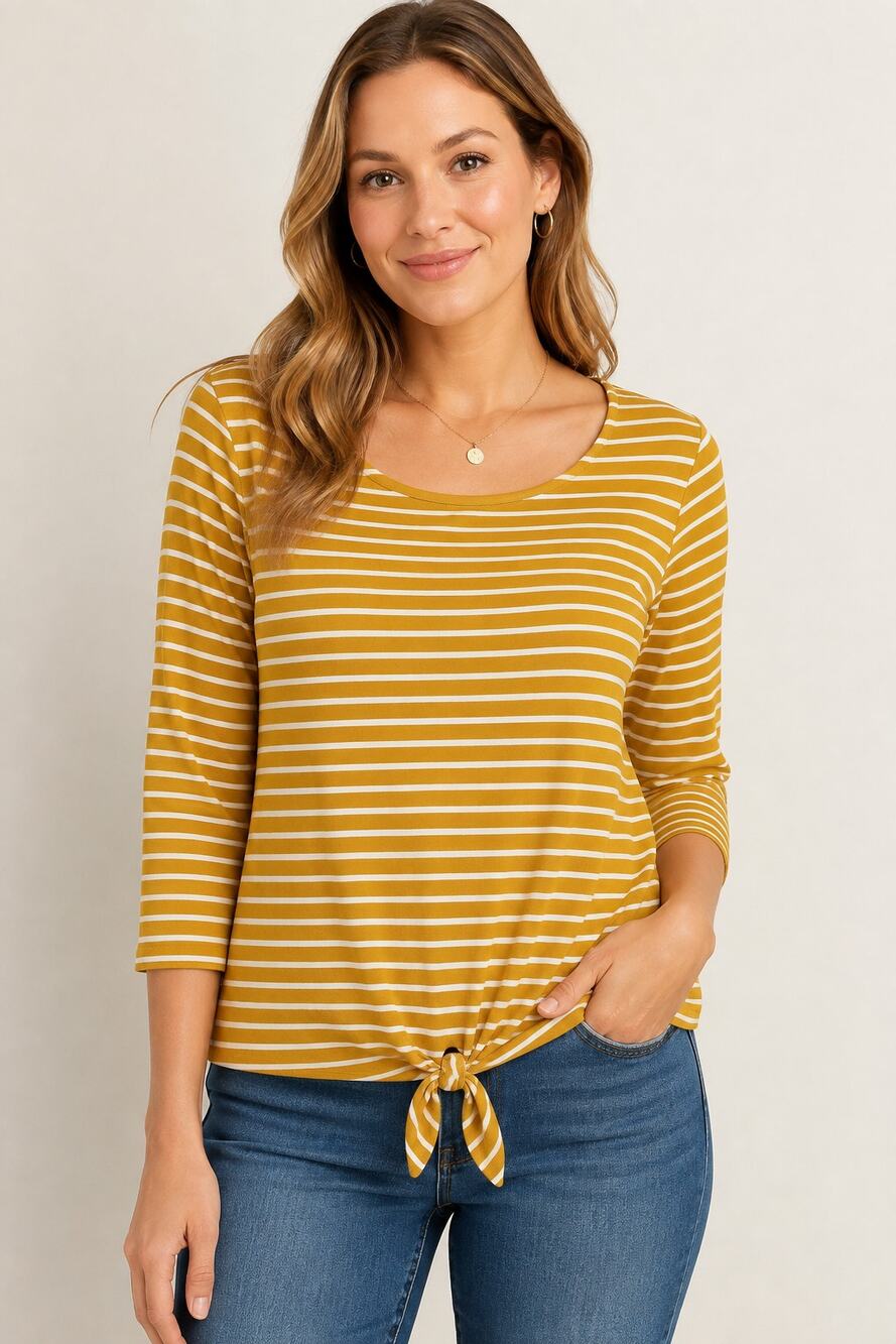 Old Navy Yellow White Striped Tie Front Top Medium 3/4 Sleeve Casual Cottagecore